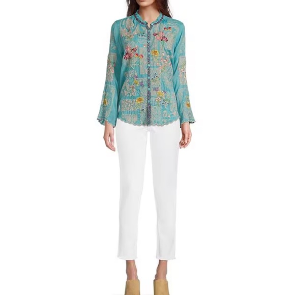 JOHNNY WAS Allbee Embroidered Floral Geometric Print Ruffle Scallop Hem Blouse - Picture 3 of 11